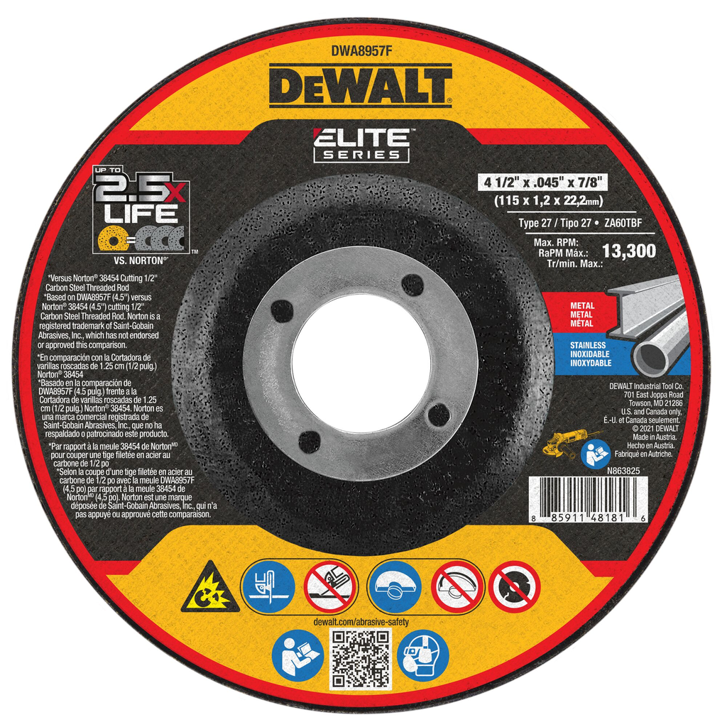 DEWALT ELITE SERIES 4-1/2 In x .045 in Ceramic Abrasive Chop / Cut-Off Blade with 7/8 in Arbor For Stainless & Mild Steel Cutting (1 Pack)