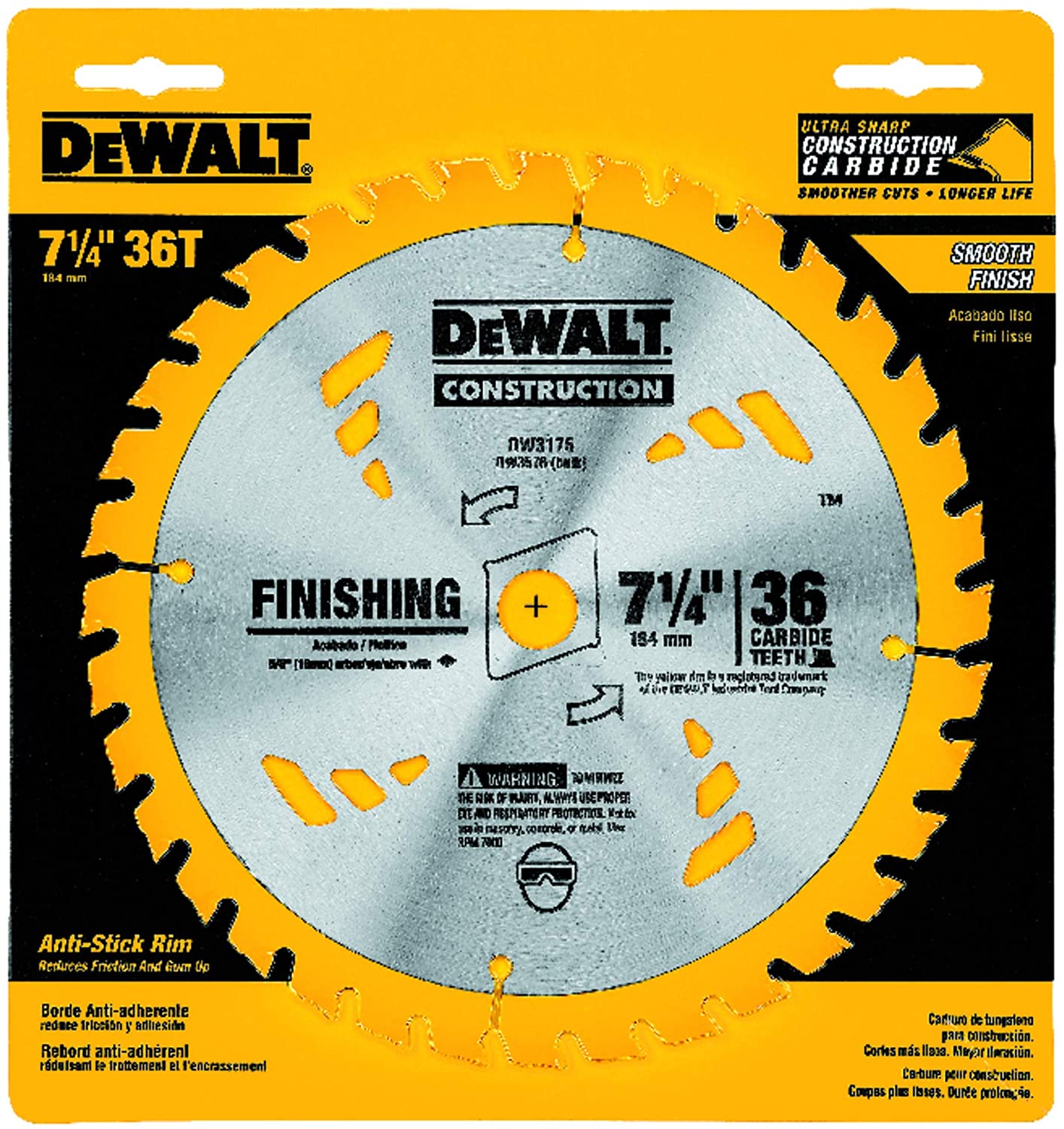 DEWALT Construction Series 7-1/4-Inch 36-Tooth Thin Kerf Finishing Saw Blade With 5/8-Inch Diamond Knockout Arbor , Silver