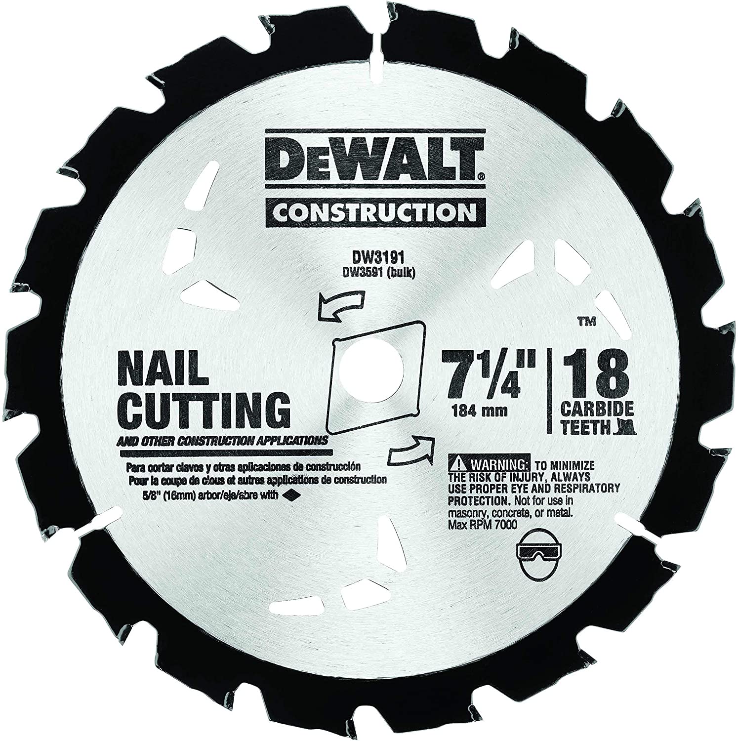DEWALT Series 20 7-1/4-Inch 18 Tooth Nail Cutting Saw Blade With 5/8-Inch And Diamond Knockout Arbor