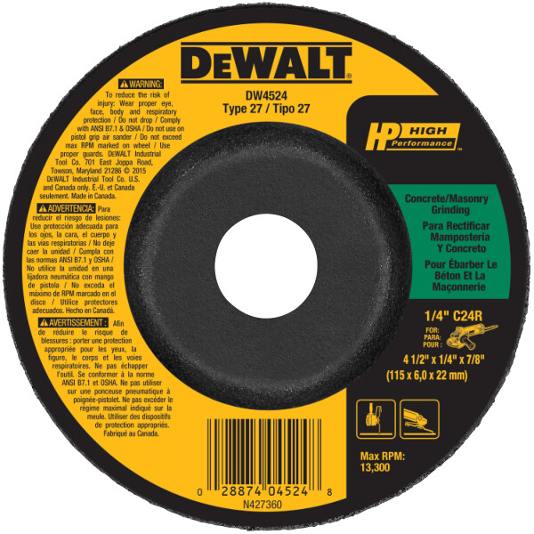 DEWALT 4-1/2-Inch By 1/4-Inch By 7/8-Inch Concrete/Masonry Grinding Wheel
