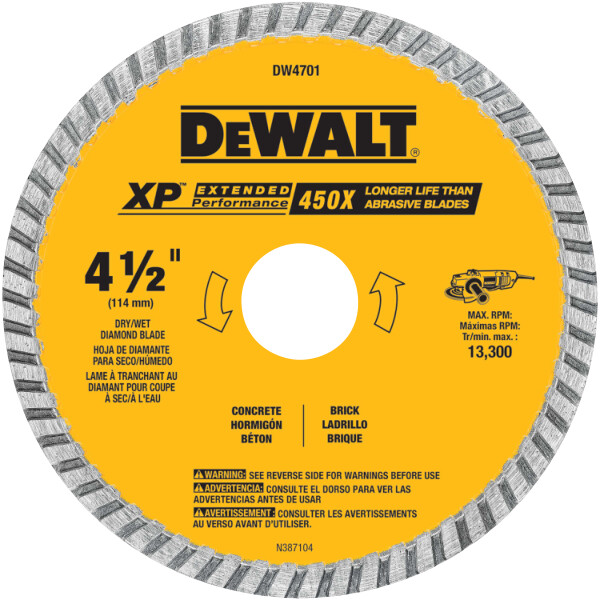 DEWALT Diamond Blade, Dry Or Wet Cutting, Continuous Rim, 7/8-Inch Arbor, 4-1/2-Inch