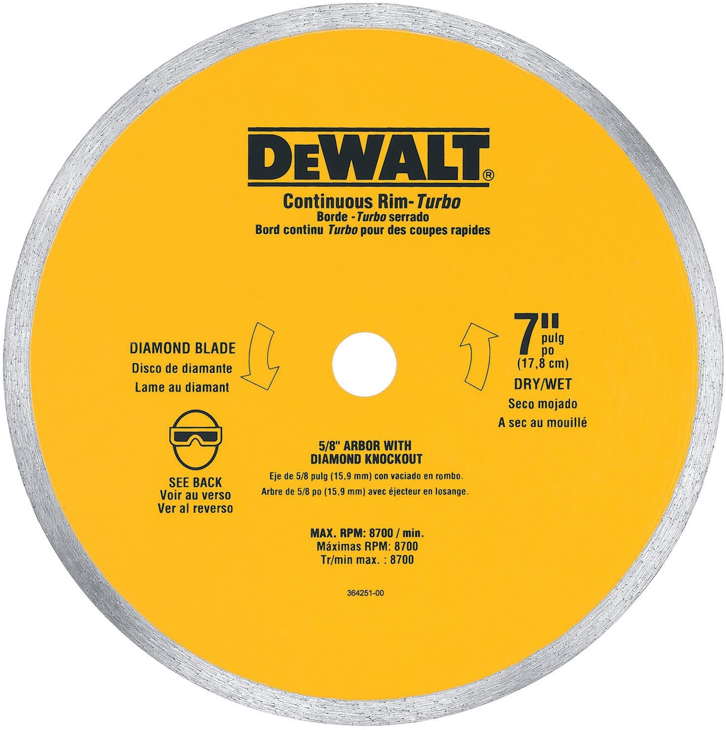 DEWALT 7-Inch Wet Cutting Continuous Rim Saw Blade With 5/8-Inch Arbor For Ceramic Or Tile,Yellow