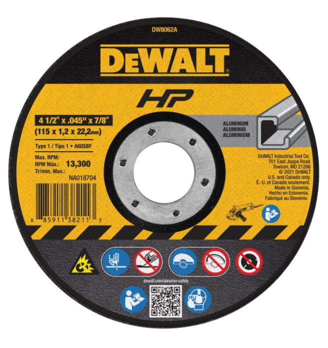 DEWALT 4-1/2 In x .045 in Aluminum Oxide Abrasive Chop / Cut-Off Blade with 7/8 in Arbor For Metal Cutting (1 Pack)