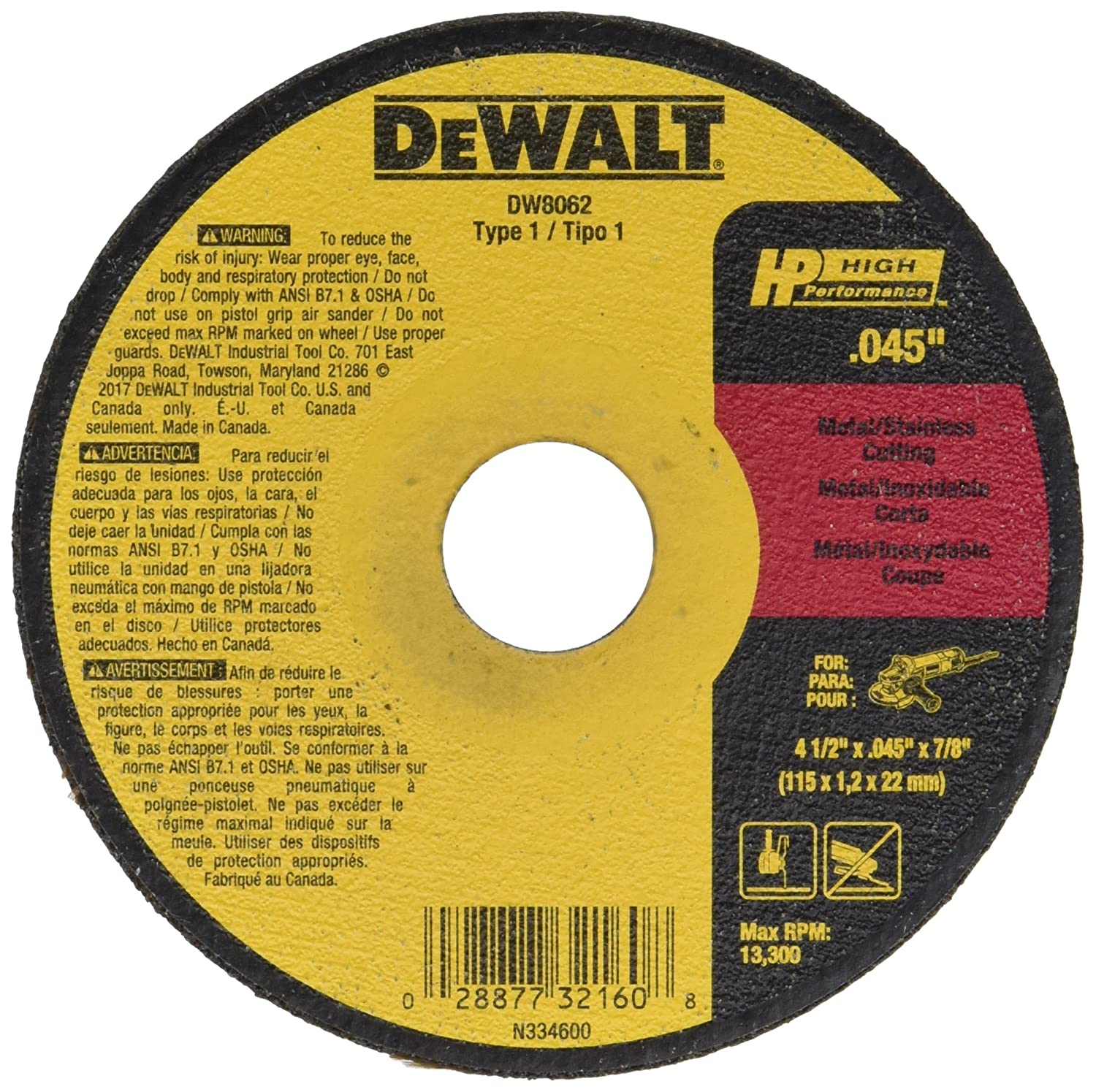 DEWALT 4-1/2 In x .045 in Aluminum Oxide Abrasive Chop / Cut-Off Blade with 7/8 in Arbor For Metal Cutting (5 Pack)