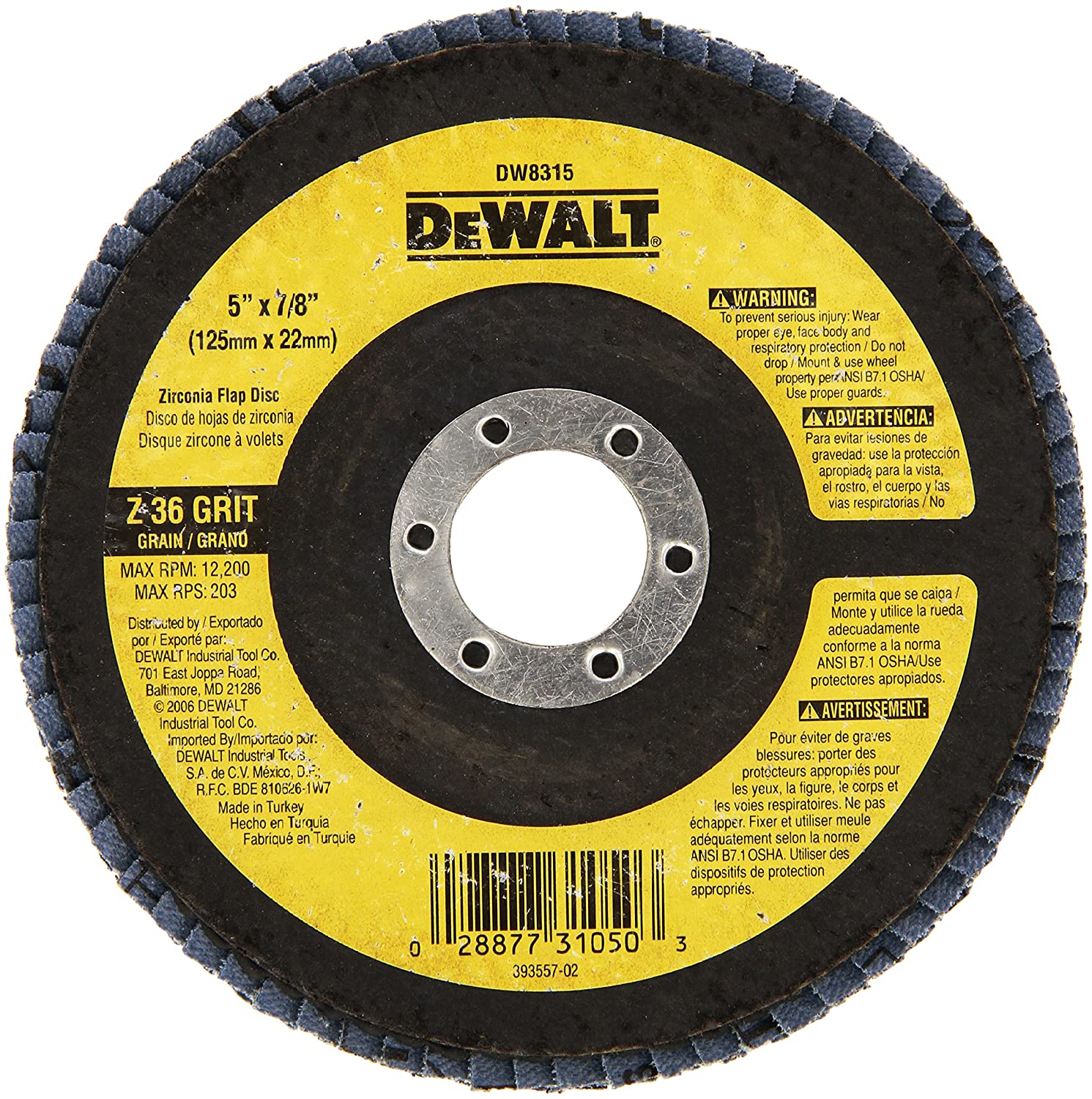 DEWALT 5-Inch By 7/8-Inch 36-Grit Zirconia Flap Disc