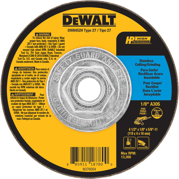 DEWALT T27 Stainless Steel Cutting/Grinding Wheel, 5/8-11 Arbor, 4-1/2-Inch By 1/8-Inch