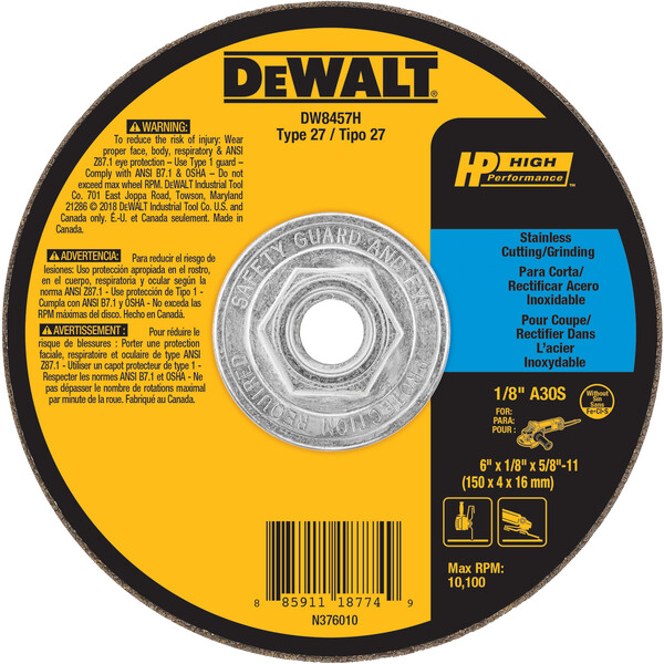 DEWALT 6-Inch By 1/8-Inch T27 Stainless Steel Cutting/Grinding Wheel, 7/8-Inch Arbor