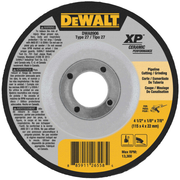 DEWALT Extended Performance Pipeline Grinding 4-1/2-Inch X 1/8-Inch X 7/8-Inch Ceramic Abrasive