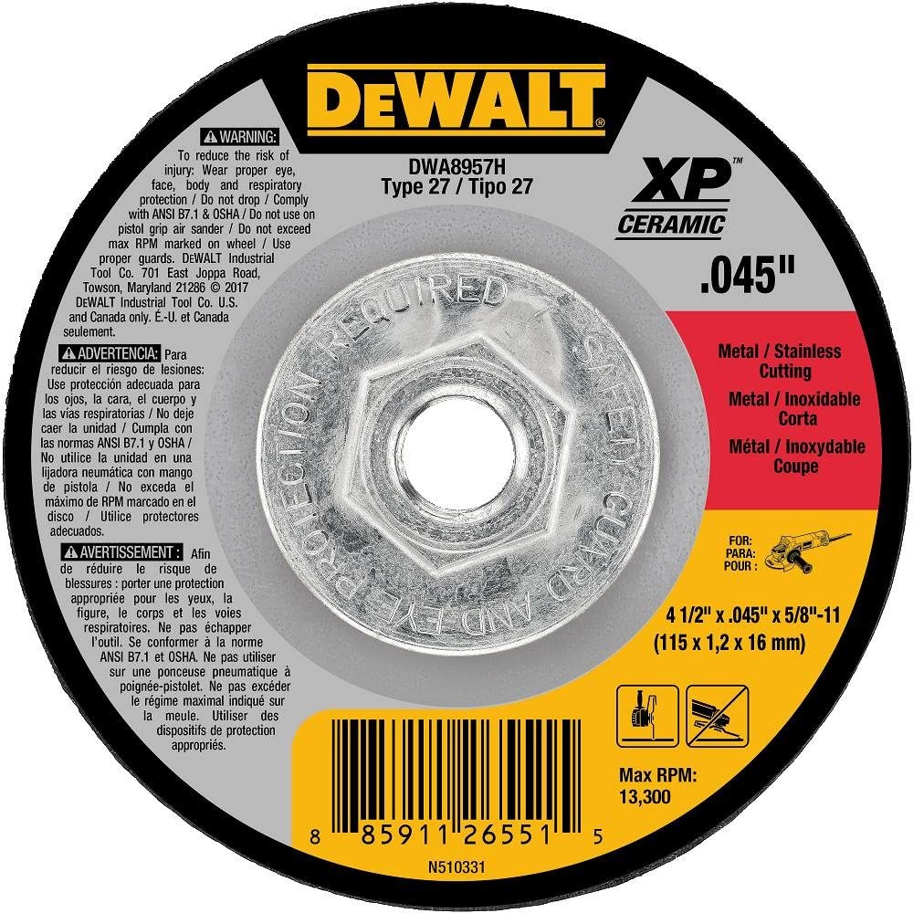 DEWALT ELITE SERIES 4-1/2 In x .045 in Ceramic Abrasive Chop / Cut-Off Blade with 5/8 - 11 in Arbor For Stainless & Mild Steel Cutting (1 Pack)