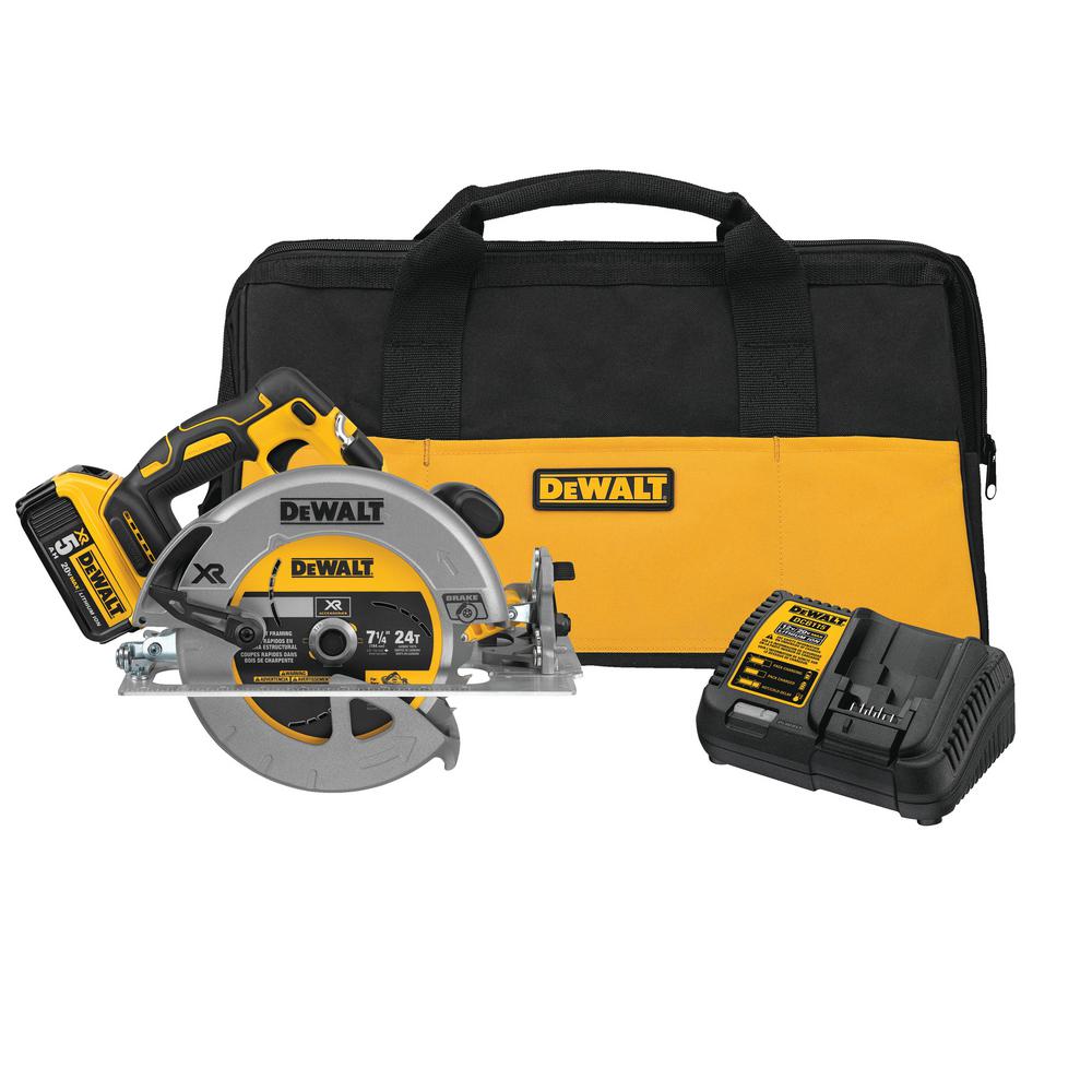 DEWALT 20-Volt MAX XR Lithium-Ion Cordless 7-1/4 in. Circular Saw with Battery 5Ah, Charger and Contractor Bag