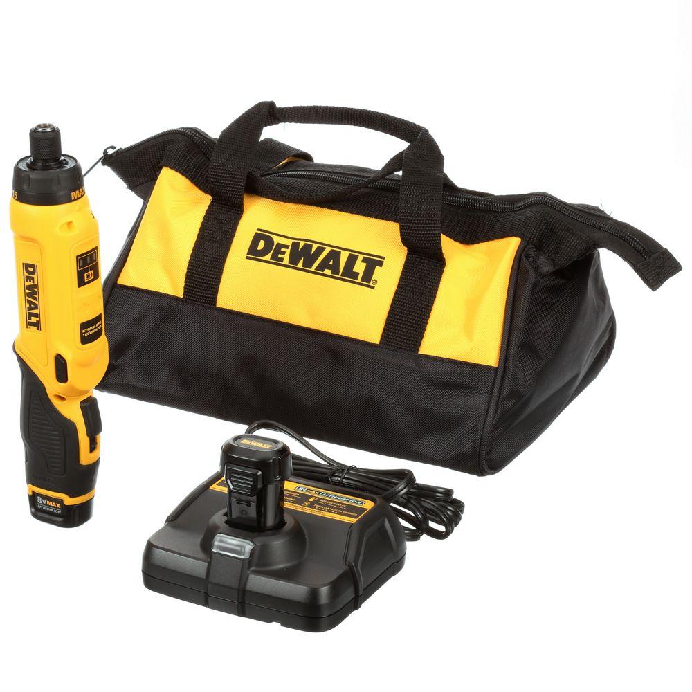 DEWALT 8-Volt MAX Lithium-Ion Cordless Gyroscopic Screwdriver with Adjustable Handle with (2) Batteries 1Ah, Charger and Bag